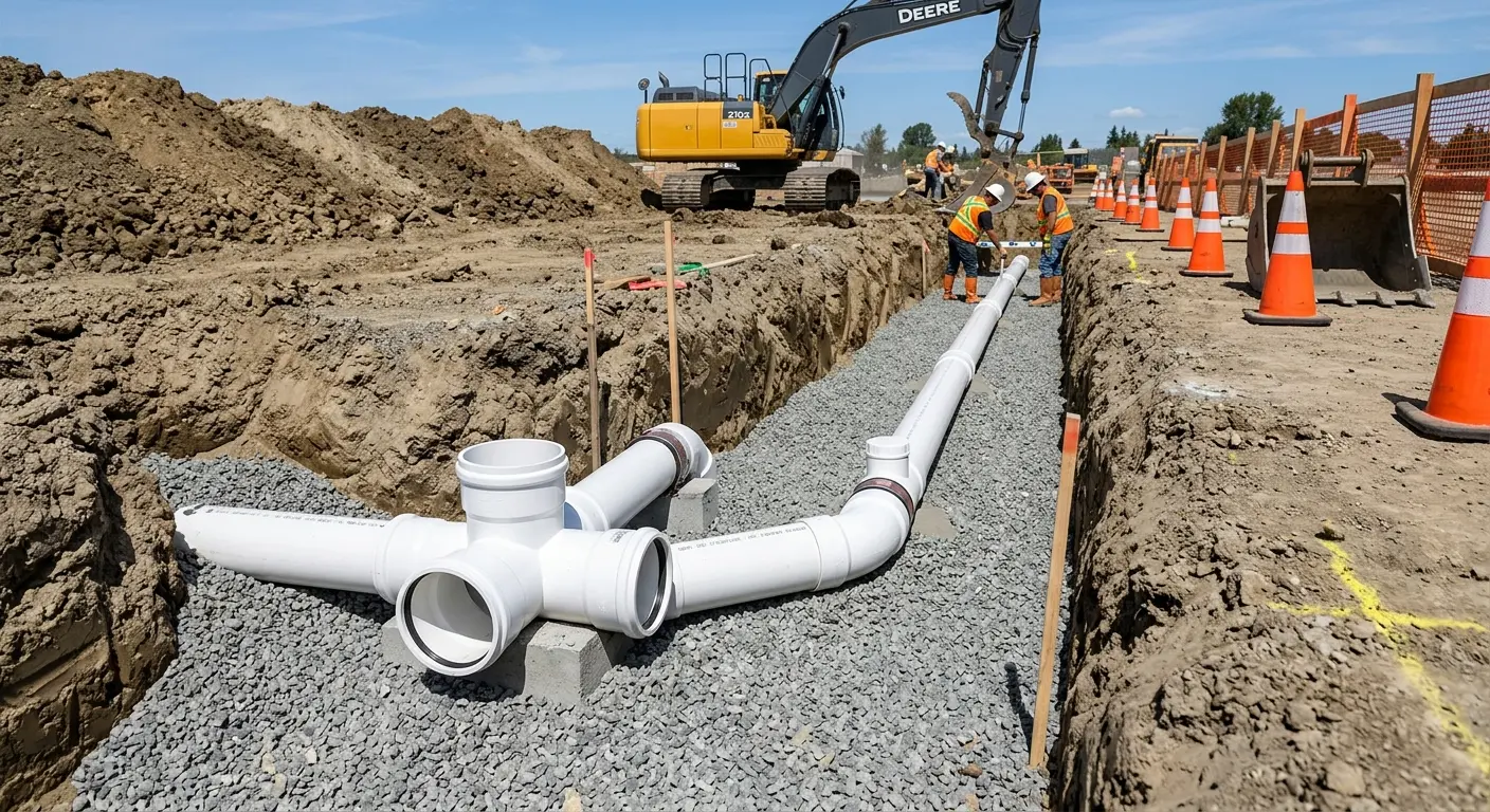 New PVC sewer pipe installation in open trench for Grease Trap Cleaning in Roanoke Rapids